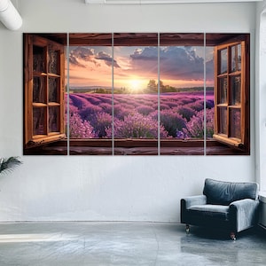 May include: A multi-panel canvas print featuring a view of a lavender field through an open window. The field is bathed in the warm light of a setting sun, creating a peaceful and serene scene.