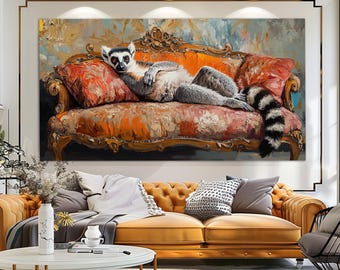 Lemur on the Sofa Canvas Print, Lemur Wall Art, Lemur Painting, Cute Lemur Poster, Lemur Canvas Art, Animals Wall Art, Funny Lemur Print