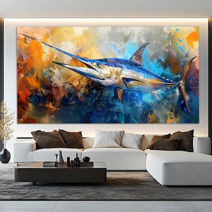 Abstract Blue Marlin Fish Canvas Print in a Painting Style, Blue Marlin Poster, Colorful Marlin Painting, Fishing Wall Art, Fisherman Gift