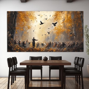 Stampa su tela "Orchestra sinfonica nella foresta autunnale dorata" in stile dipinto a olio, dipinto astratto di orchestra, regalo per musicista, arte su tela musicale