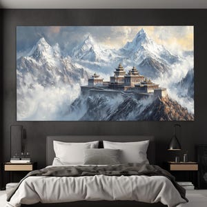Impression sur toile majestueuse Himalaya, art mural Himalaya tons neutres, peinture abstraite temple bouddhiste dans l'Himalaya, art mural montagnes enneigées
