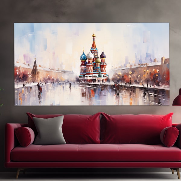 Moskau Leinwand Druck in einem Vintage Öl Gemälde Stil, Abstrakte Moskau Wandkunst, Moskau Malerei, Russische Wandkunst, Russland Leinwand Druck