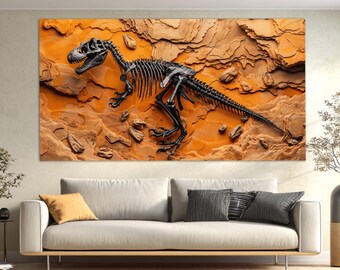 Dinosaur Skeleton Canvas Print, Dinosaurs Wall Art, Archaeology Wall Art, Abstract Dinosaur Painting, Romantic Gift, Archaeologist Gift