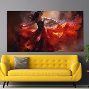 Charmante Dame im roten Kleid tanzende Leinwand in einem Vintage Ölmalerei-Stil, tanzende Wandkunst, Tänzerin Malerei, Tanzklasse Dekor