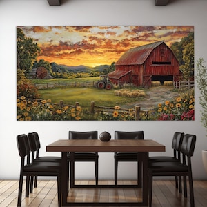 Ländliche Scheune Leinwand in einem Retro Ölgemälde Stil, rustikale Wandkunst, Bauernhaus Wanddekoration, Bauernhof Wandkunst, Landhaus Dekoration, rustikale Scheune