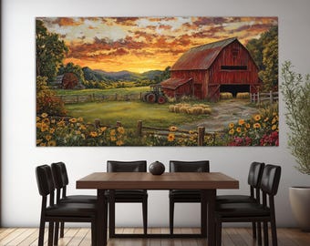 Rural Barn Canvas Print in a Retro Oil Painting Style, Rustic Wall Art, Farmhouse Wall Decor, Farm Wall Art, County House Decor, Rustic Barn