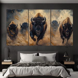Herd of Running Bison Canvas Print, Sepia Animals Wall Art, Angry Bison Painting, Bison Poster, Bison Wall Art, Boss Office Wall Decor