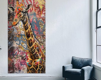 キリン　絵画 抽象的なキリンのグラフィティスタイルのキャンバスプリント、ポップ