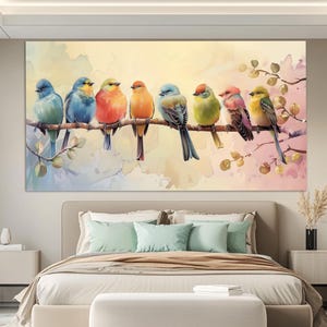 Impresión en lienzo de pájaros coloridos en una rama en estilo de pintura, póster de pájaros pequeños, pintura de pájaros, arte de pared abstracto de pájaros