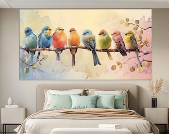 Colorful Birds on the Branch Canvas Print in a Painting Style, Small Birds Poster, Birds Painting, Abstract Birds Wall Art