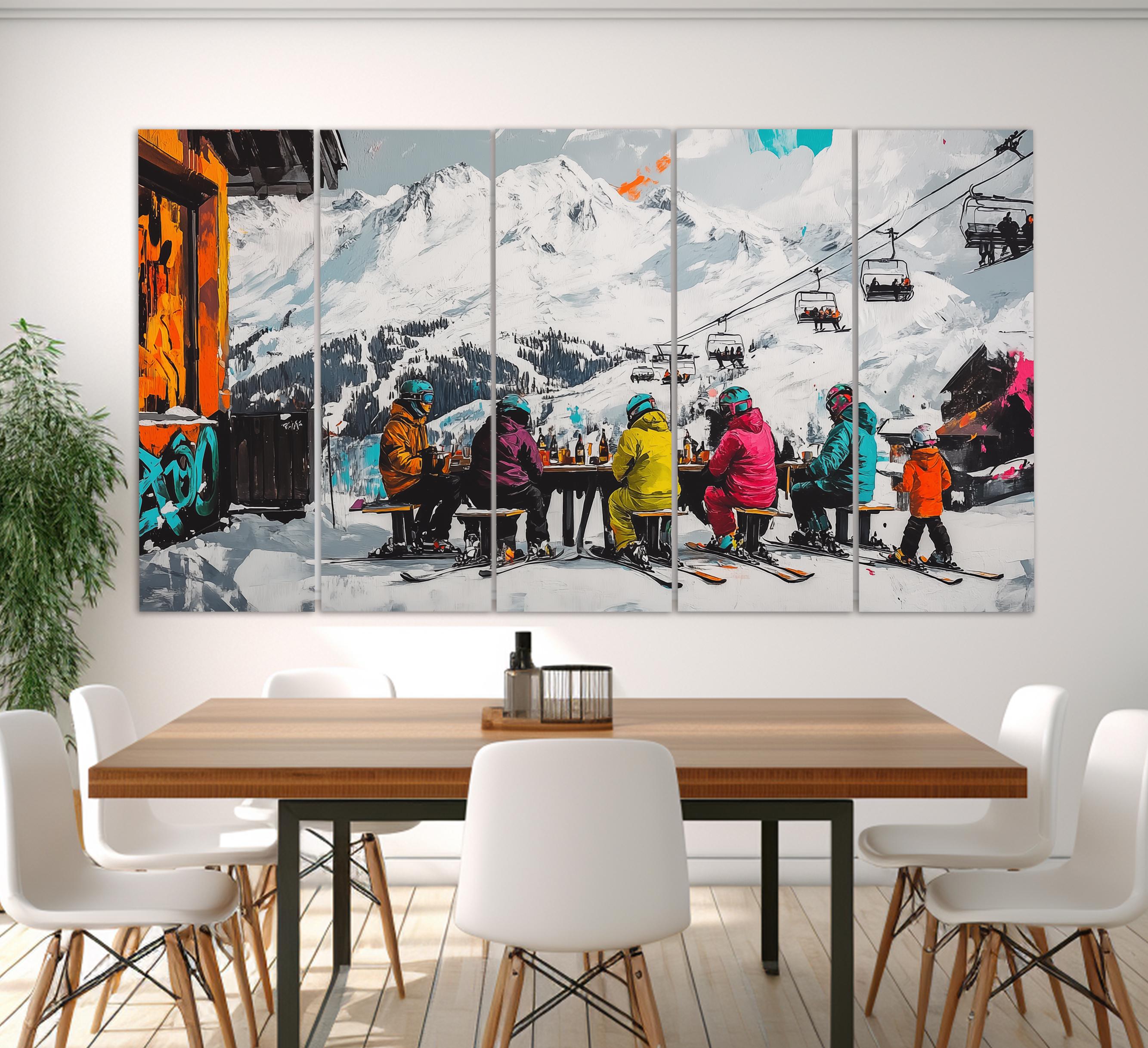 Tableau Station De Ski Abstrait Sur Toile – Cadre Bois 2 Cm – Déco Murale Montagne – Format 80x60 Cm