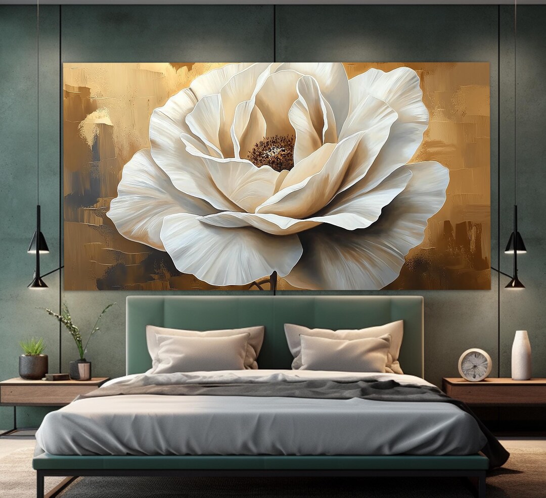 Abstract White Flower on Gold Background Canvas Print, Floral Wall ...