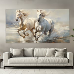Impressão em tela de cavalos brancos em estilo de pintura a óleo vintage, arte de parede de cavalos, pintura de cavalos brancos, decoração de parede abstrata de cavalos