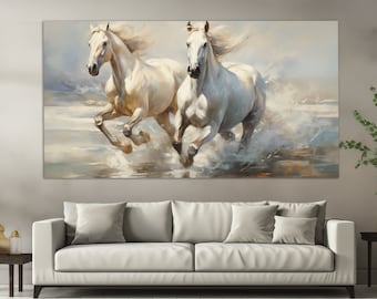 White Horses Canvas Print in a Vintage Oil Painting Style, Horses Wall Art, White Horses Painting, Abstract Horses Wall Decor
