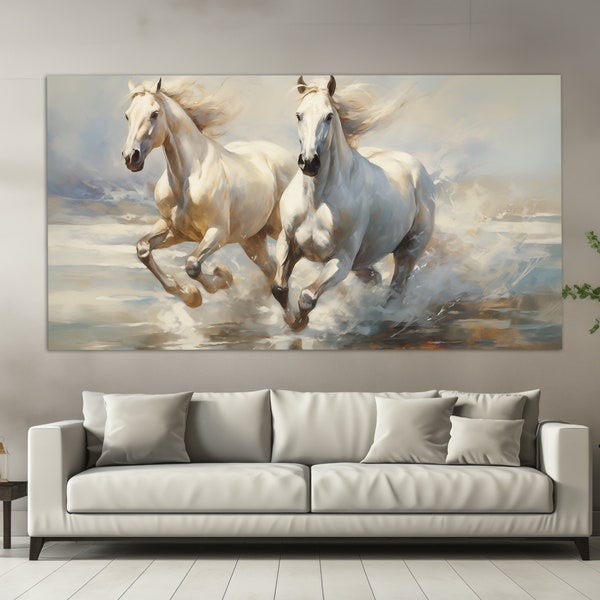 Impression sur toile chevaux blancs dans un style de peinture à l'huile vintage, art mural chevaux, peinture chevaux blancs, décoration murale chevaux abstraits