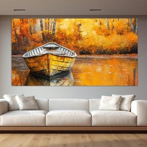 Stampa su tela "Vecchia barca da pesca in un lago autunnale" in stile pittura a olio vintage, decorazione murale astratta con barca in legno, poster nautico retrò