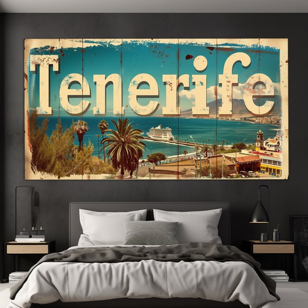 Retro Tenerife Sign Canvas Print, Abstract Tenerife Wall Art, Canary Islands Painting, Vintage Tenerife Poster, Canary Canvas Art