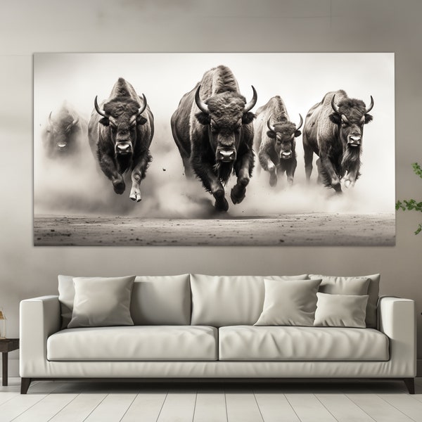 Running Bisons Canvas Print, Black and White Animals Wall Art, Bison Painting, Bison Poster, Bison Wall Art, Monochrome Wall Decor