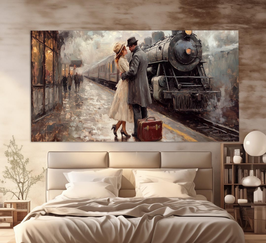 Romantic Couple on the Platform Canvas Print in a Vintage Oil Painting ...