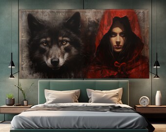 Abstract Red Riding Hood with a Wolf Canvas Print, Gothic Wall Art, Gothic Painting, Dark Academia Canvas Art, Gothic Wall Decor