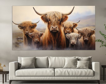 Highland Cows Family Canvas Print in a Painting Style, Neutral Colors Cows Wall Art, Highland Cow Painting, Farmhouse Wall Decor