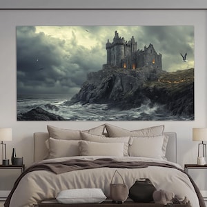 Ancient Irish Castle Canvas Print in a Vintage Oil Painting Style, Irish Wall Art, Abstract Sea Coast Painting, Irish Wall Decor, Irish Gift