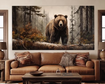 Grizzly Bear in Misty Forest Canvas Print, Bears Wall Art, Bear Painting, Wild Animals Wall Art, Large Brown Bear Canvas Print