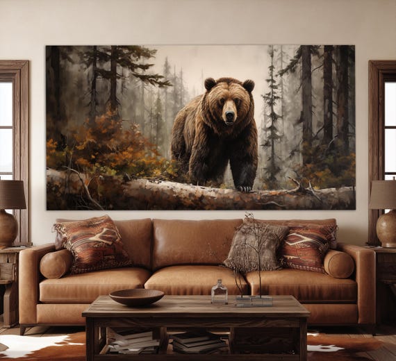 Grizzly Bear in Misty Forest Canvas Print, Bears Wall Art, Bear Painting, Wild Animals Wall Art, Large Brown Bear Canvas Print