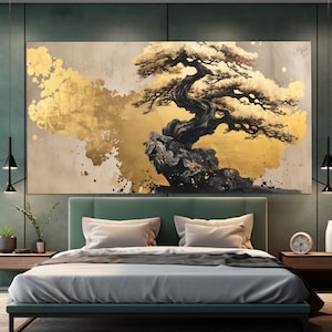 Abstrakter Bonsai Baum Leinwanddruck, goldener Baum Malerei, moderne Wanddekoration, Bonsai Leinwanddruck, Bonsai Poster, Bonsaibaum Druck