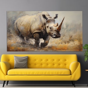 Neutral Colors Rhinoceros Canvas Print in a Vintage Oil Painting Style, Animals Wall Art, Rhinoceros Painting, Rhinoceros Poster