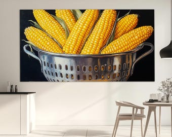 Colander with Corn Canvas Print, Corn Wall Art, Kitchen Wall Decor, Food Wall Art, Corn Painting, Corn Poster, Kitchen Canvas Art