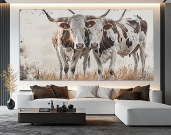 Impresión en lienzo de vacas Longhorn de Texas, pintura de Longhorn en colores neutros, arte mural de vacas, decoración de pared de estilo rústico