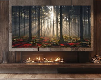 Scenic Sunrise in Forest Canvas Print, Sun Rays in Forest Poster, Nature Wall Decor, Forest Painting, Majestic Forest Canvas Wall Art
