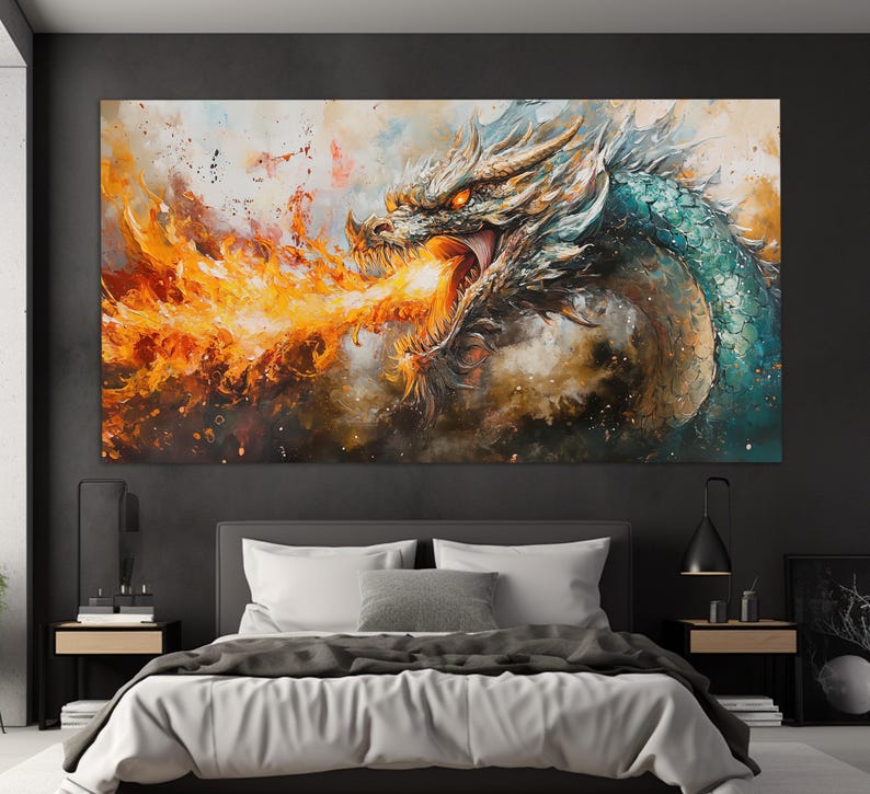 Fire Breathing Dragon Canvas Print in a Vintage Oil Painting Style ...