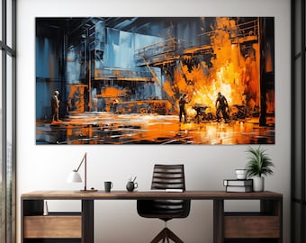 May include: An abstract painting depicts a fiery industrial scene with workers. The artwork features a vibrant palette of orange, blue, and black, with a focus on the intense heat and activity of a factory setting. The painting is displayed above a wooden desk.