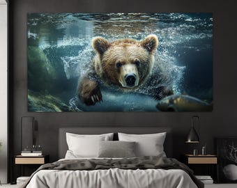 Swimming Polar Bear Canvas Print, Polar Bear Painting, Animals Wall Decor, Bears Wall Art, Fishing Polar Bear Poster