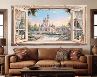 Fairytale Castle View from Open Window Canvas Print, Princess Castle Wall Art, Little Princess Gift, Girl Room Wall Decor, Faux Window Print