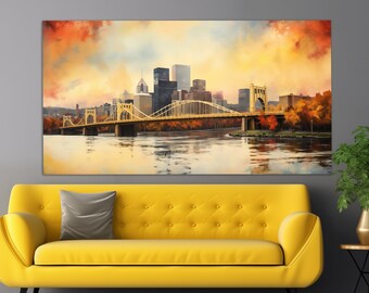 Impressão em tela de Pittsburgh em estilo de pintura a óleo vintage, arte de parede de Pittsburgh, pintura abstrata de Pittsburgh, decoração de parede de Pittsburgh