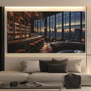 Retro Hotel Bar with City Landscape Canvas Print, Luxury Bar Wall Art, Pub Canvas Print, Hotel Bar Painting, Bartender Gift