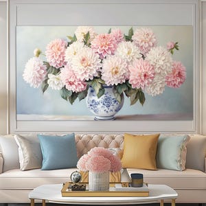 Impresión en lienzo de jarrón con dalias, decoración floral para pared, pintura de dalias, bodegón floral, regalo floral, arte mural moderno con flores, póster de dalias