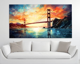 Colorful Sunset over Golden Gate Bridge Canvas Print, Golden Gate Painting, San Francisco Wall Art, San Francisco Bridge Painting