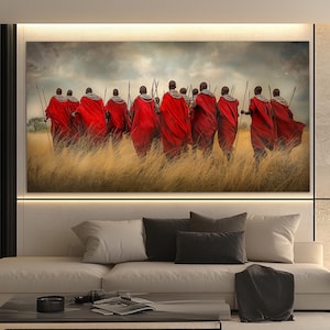 Kenyan Maasai People Hunting Canvas Print, People in Kenya Print, Kenya Canvas Art, Kenya Painting, Kenya Wall Art, Kenyan Gift