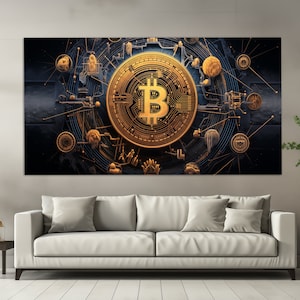 May include: A digital illustration of a gold Bitcoin coin against a black background. The coin is surrounded by a network of lines and circles, suggesting a digital network.