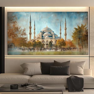 May include: A watercolor painting of the Blue Mosque in Istanbul, Turkey. The mosque is a beautiful example of Ottoman architecture, with its intricate details and towering minarets. The painting is set against a backdrop of a clear blue sky and lush green trees.