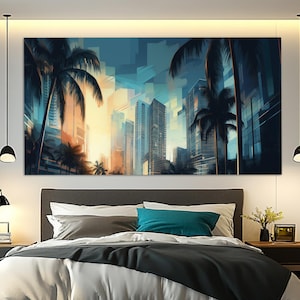 Abstract Miami Canvas Print, Miami Downtown Painting, Miami Wall Art, Miami Poster, Palms in Miami Canvas Art