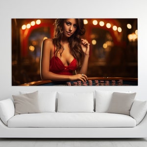 Lady im roten Kleid im Kasino Leinwanddruck, Mädchen Kartenspieler Leinwand, Poker Wandkunst, Kasino Poster, Kasino Wanddekor, Kartenspieler Geschenk