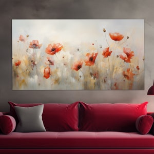 Impressão em tela de flores de papoula, decoração floral de parede, arte romântica de parede, pintura abstrata de papoula, presente romântico, arte em tela com cores suaves