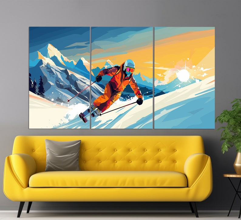 Skiing Canvas Print in a Pop Art Style, Ski Wall Art, Abstract Skier Painting, Ski Poster, Winter Sports Canvas Art, Skier Gift image 2