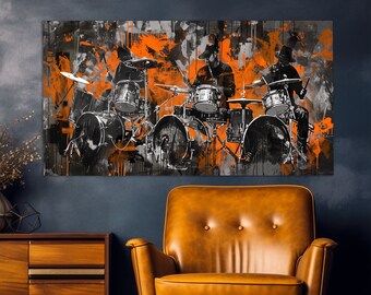 Drums Canvas Print in Vintage Oil Painting Style, Abstract Jazz Painting, Music Wall Art, Drummer Gift, Jazz Club Wall Decor
