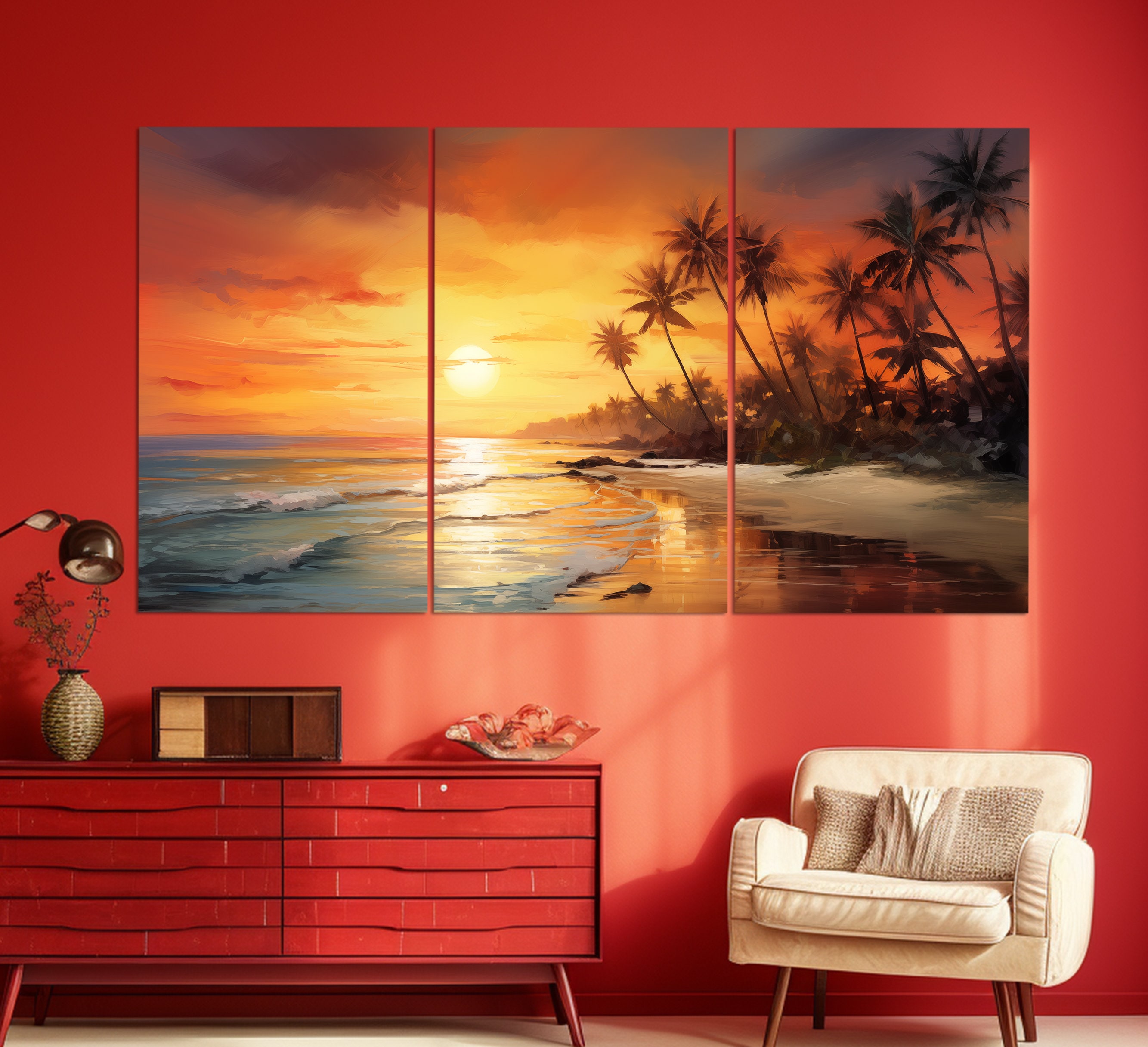 Sunset on Tropical Beach Canvas Print, Ocean Beach Wall Art, Palms on ...